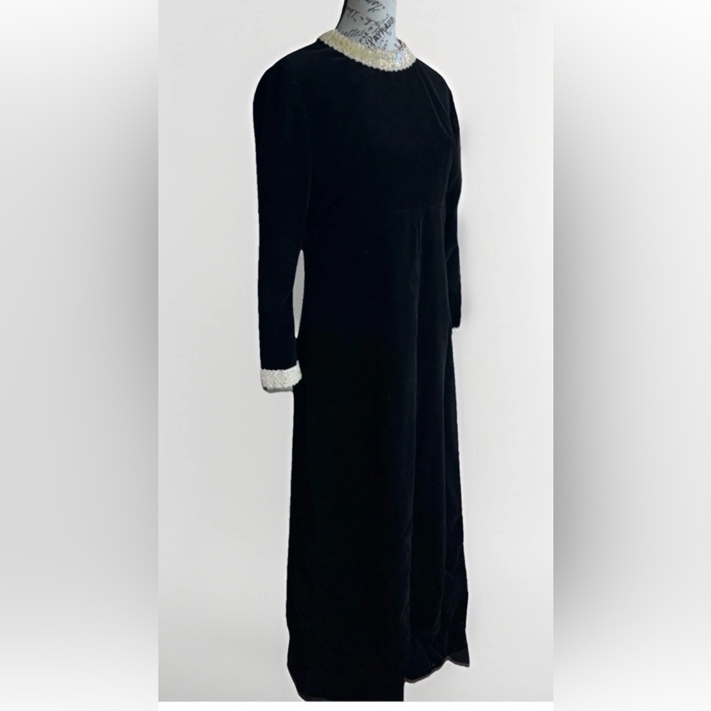 Vintage 70s Handmade Black Velour Velvet Sequin Beaded Goth Prairie Maxi Dress
